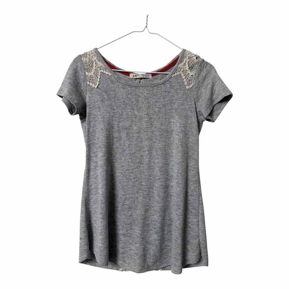 Jolt XS Gray Lace Top Boho Crochet Short Sleeve Open Back Swing Tee
